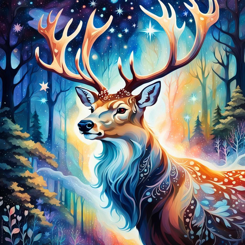 Glowing Deer Patronus in Galaxy Forest, Surreal Oil Painting