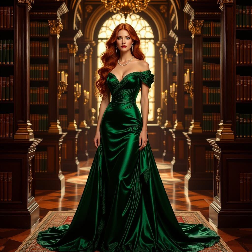 Auburn-Haired Woman in Emerald Gown, Pre-Raphaelite Style