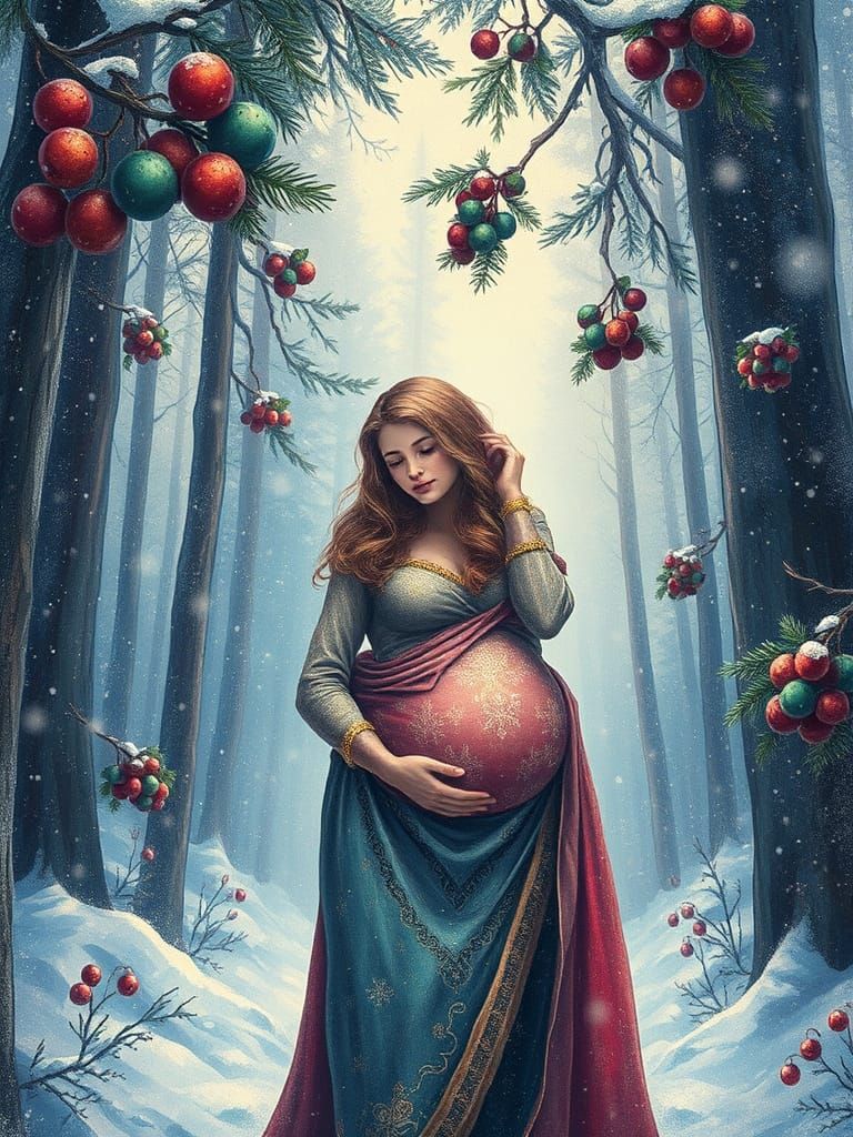 Pregnant Lady in Snowy Forest, Anime Van Gogh Style