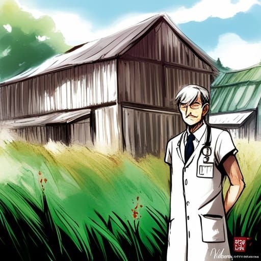 Old Doctor on Farm in Anime Style