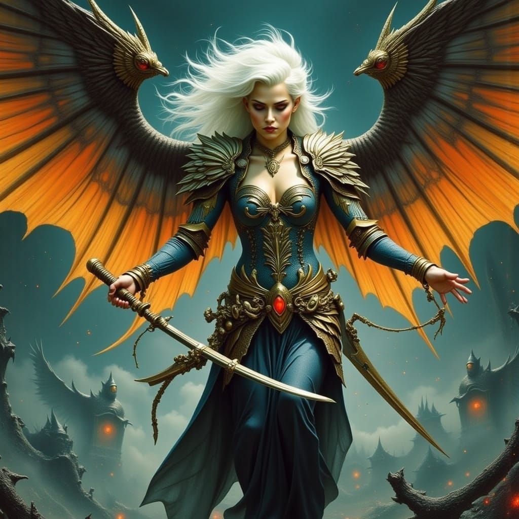 Cyberpunk Angel Engages in Intense Sci-Fi Battle