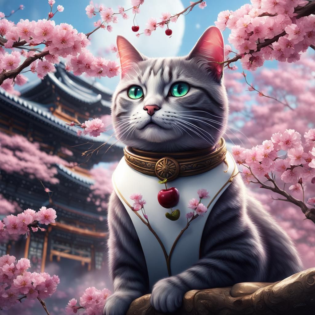 Zen Cat and Cherry Blossom Double Exposure