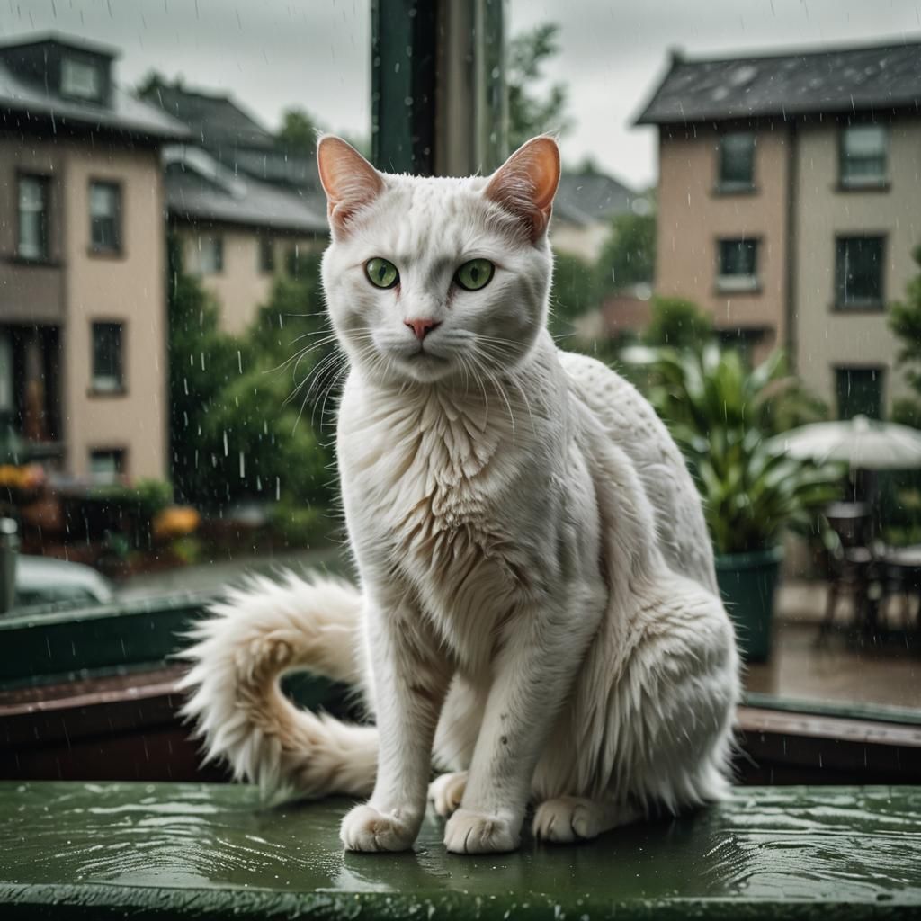Green-Eyed White Cat in Rainy Film Still