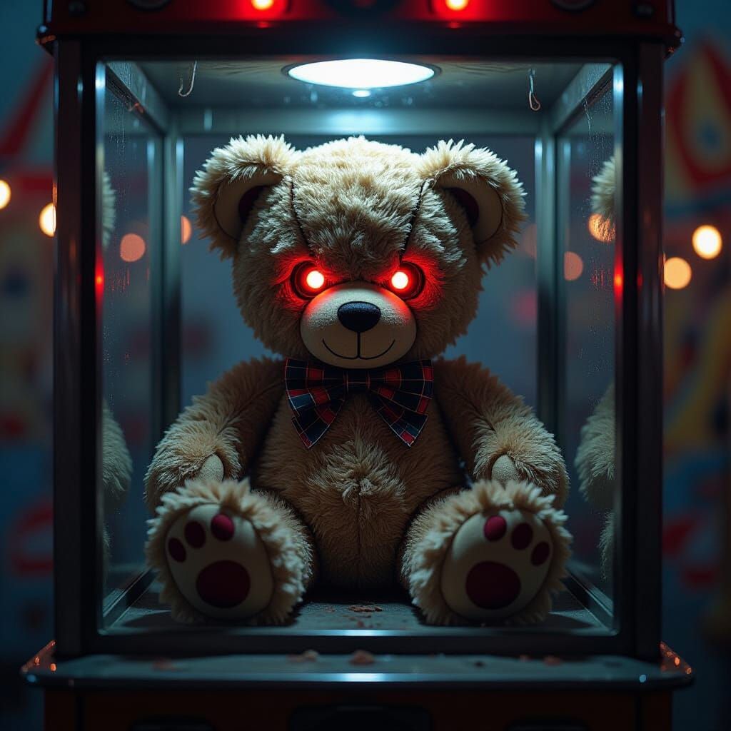 Menacing Teddy Bear in Vintage Claw Machine