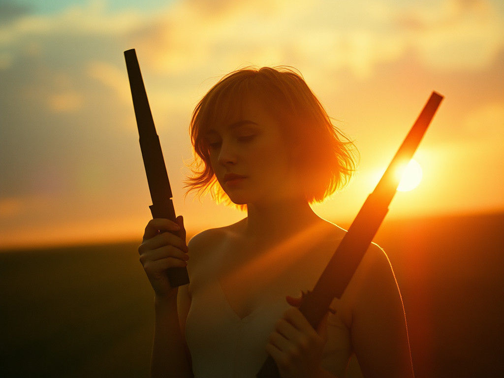 Sunset Silhouette: Woman with Weapons in Blue Haze