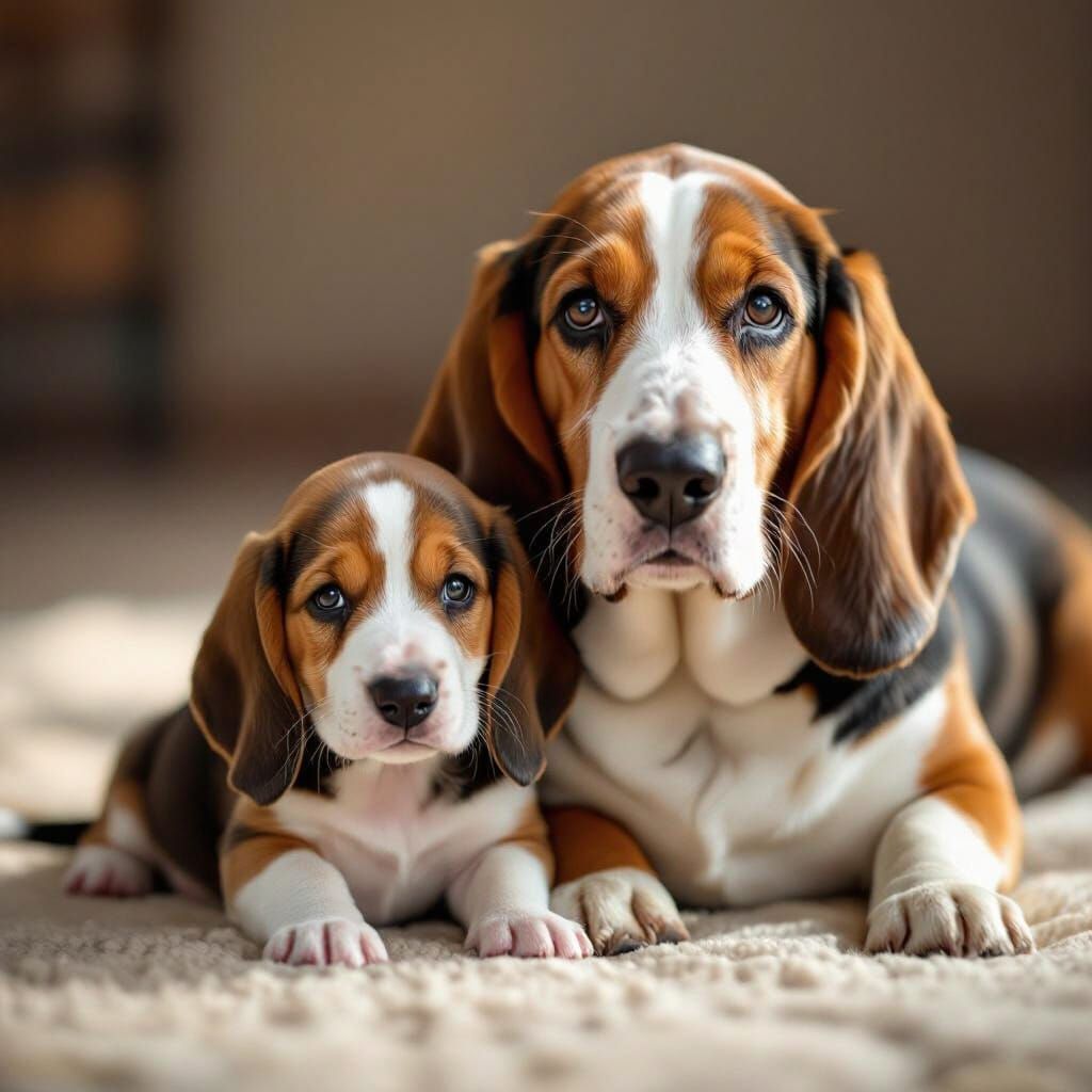 Soulful Basset Hound Portrait With Puppy