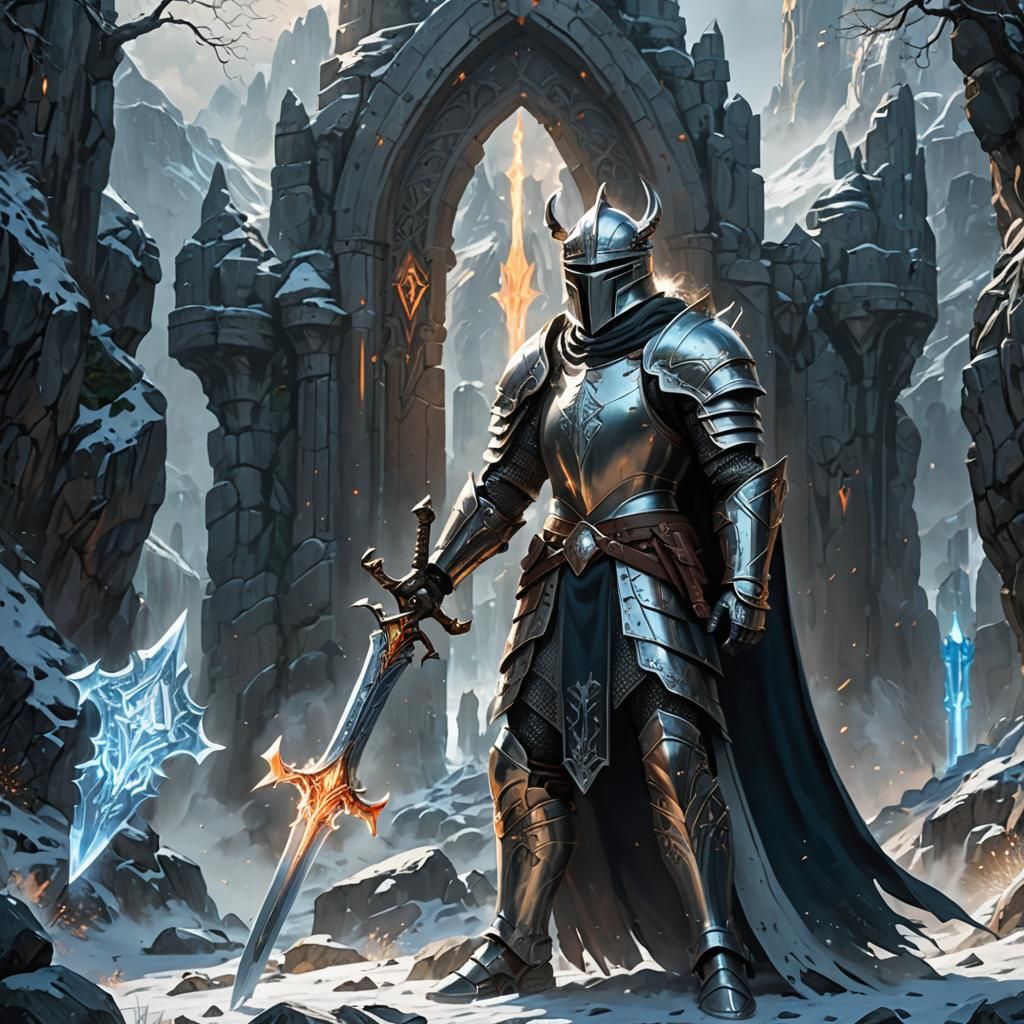 Mythical Knight in Intricate Armor with Glowing Sword