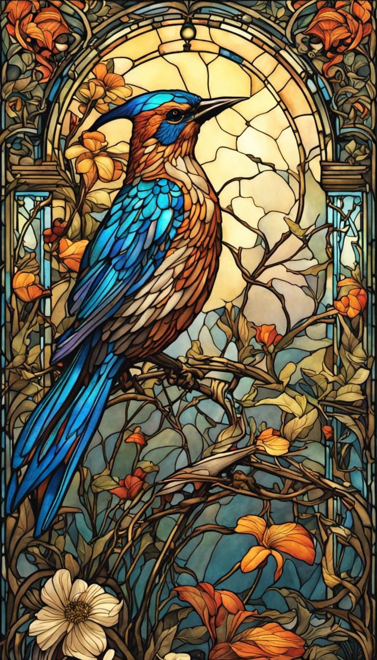 Art Nouveau Stained Glass Bird in 8K