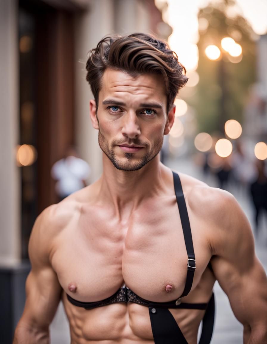 Confident Man in Couture Bra: Professional Photography