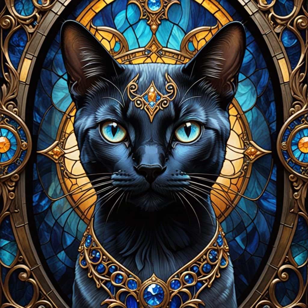 Elegant Siamese Cat in Stained Glass Art
