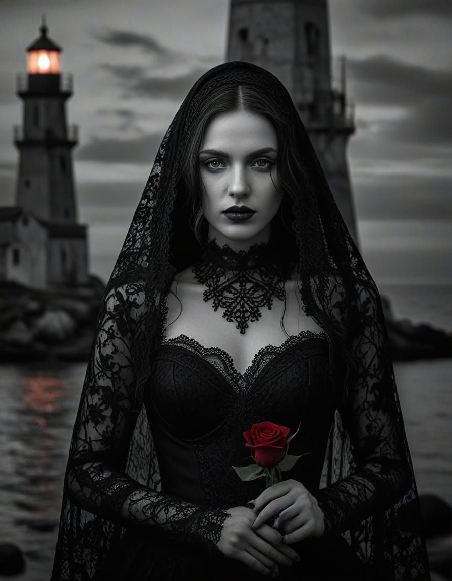 Neo-Gothic Woman with Bioluminescent Lighthouse Portrait