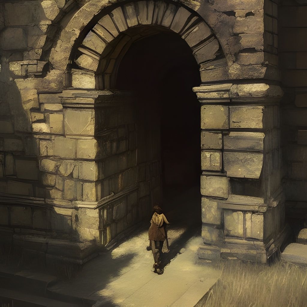 Shadowed Stone Archway in Detailed Oil Painting Style