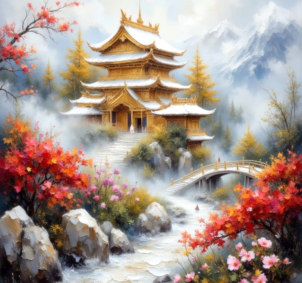 Misty Mountain Temple in Impasto Painting Style