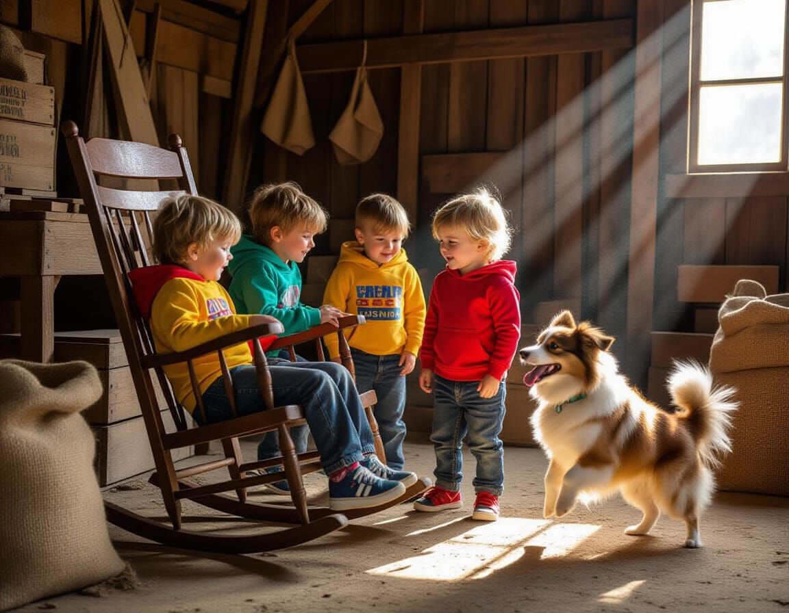 Children Play with Rocking Chair in Rustic Shed