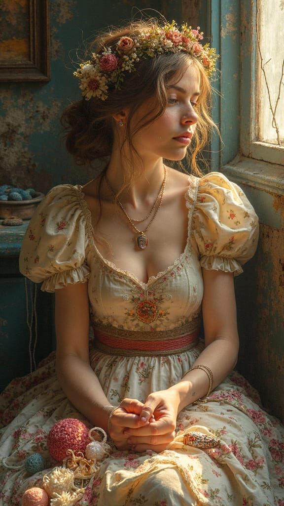 Woman Embodies Life's Patchwork in Whimsical, Golden-Lit Sce...