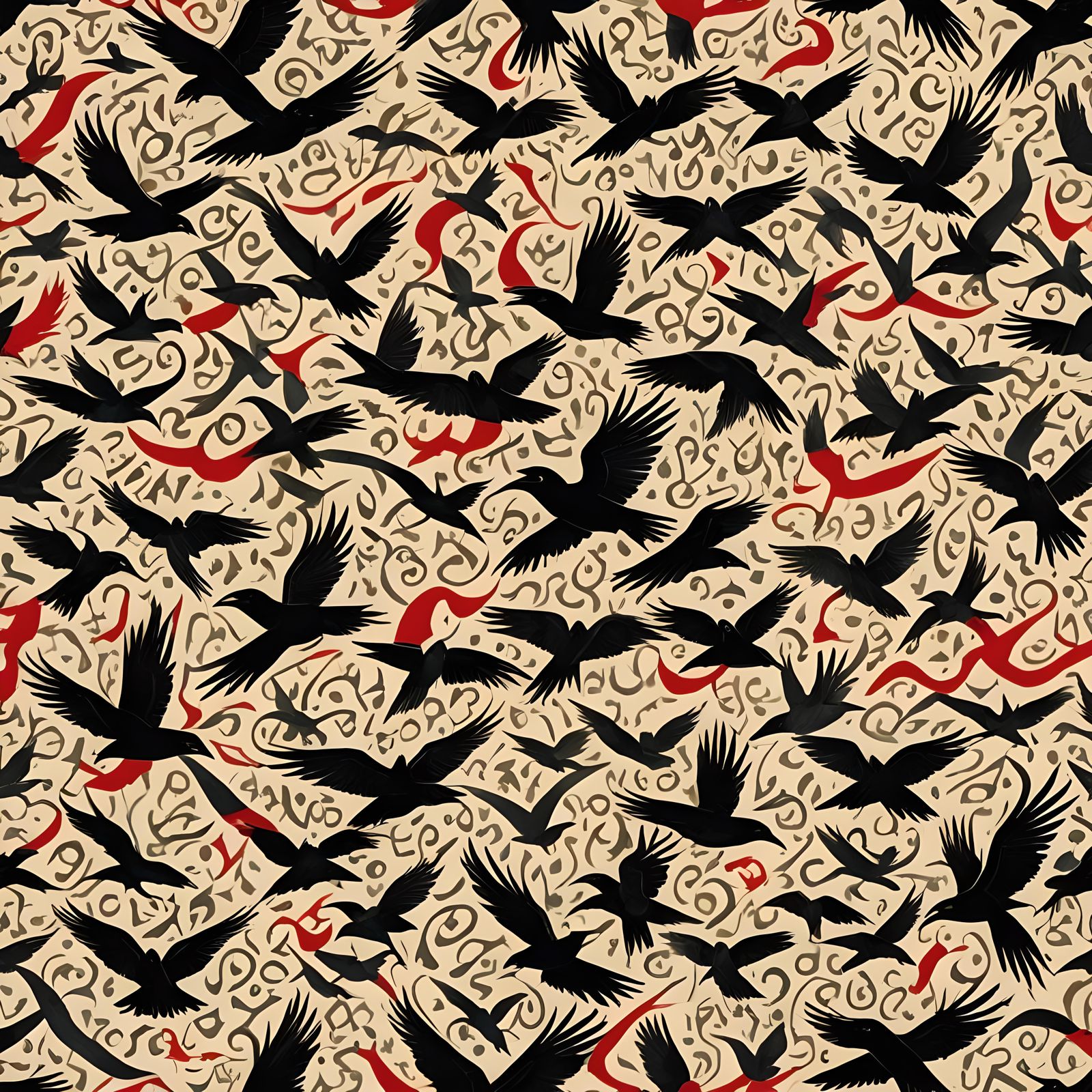 Escher-Style Calligraphy with Crows in Red and Gold