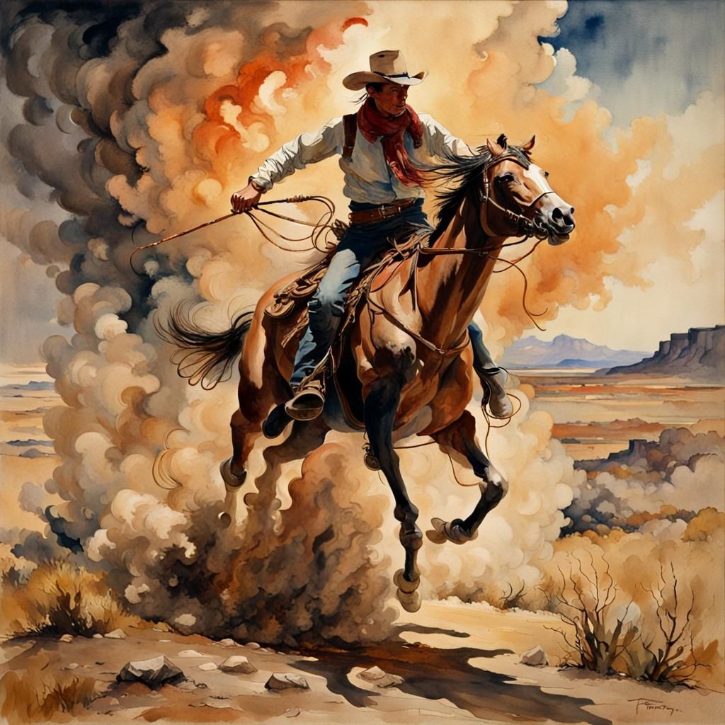 Desperate Cowboy on Galloping Horse in Watercolor Style