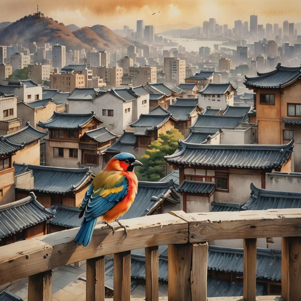 Bird on Railing in Seoul: Watercolor Painting