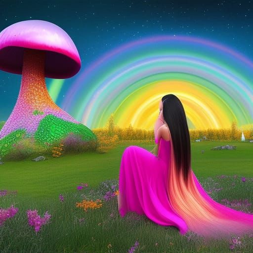 Fairy with Rainbow Hair on Mushroom in Watercolor