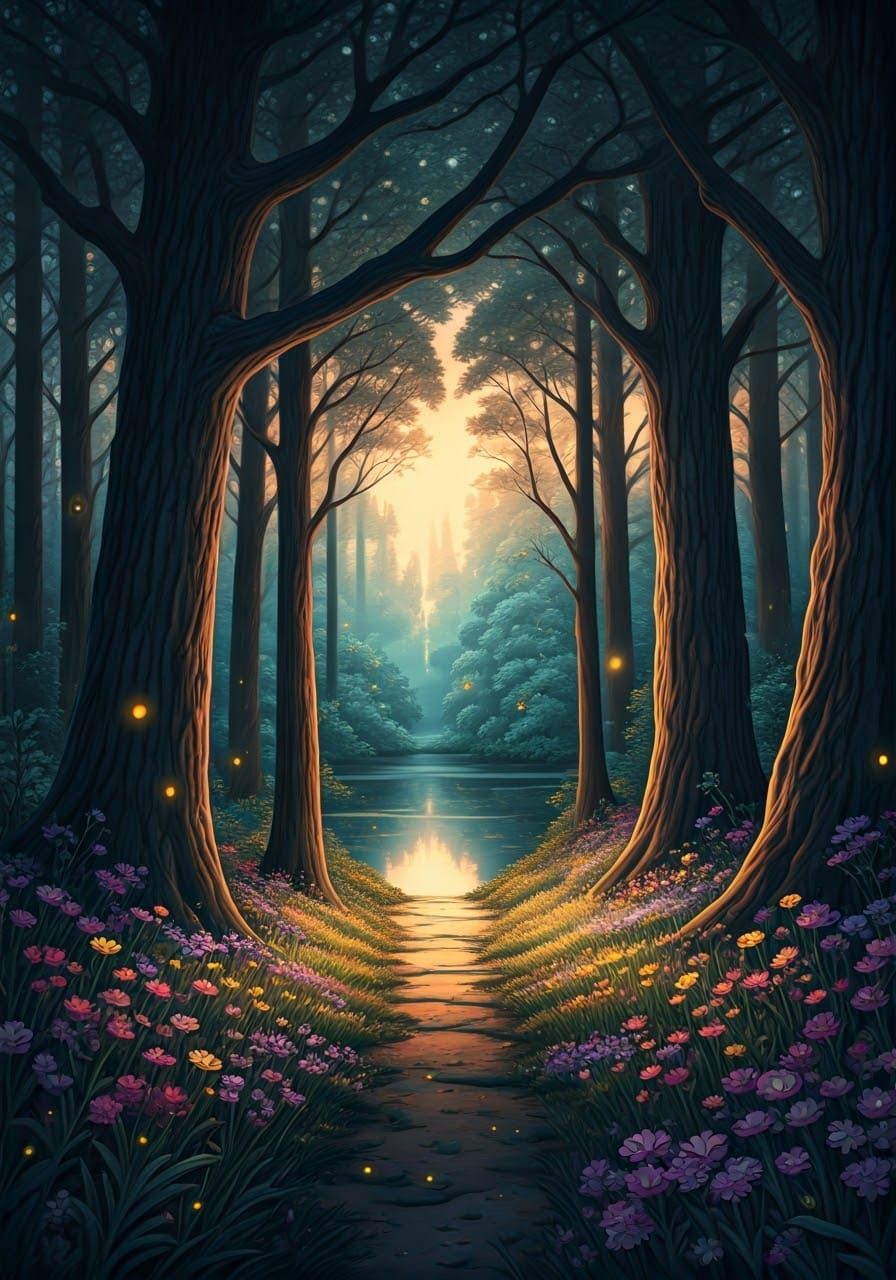 Enchanting Coloured Chalk Drawing of Mystical Forest at Dusk