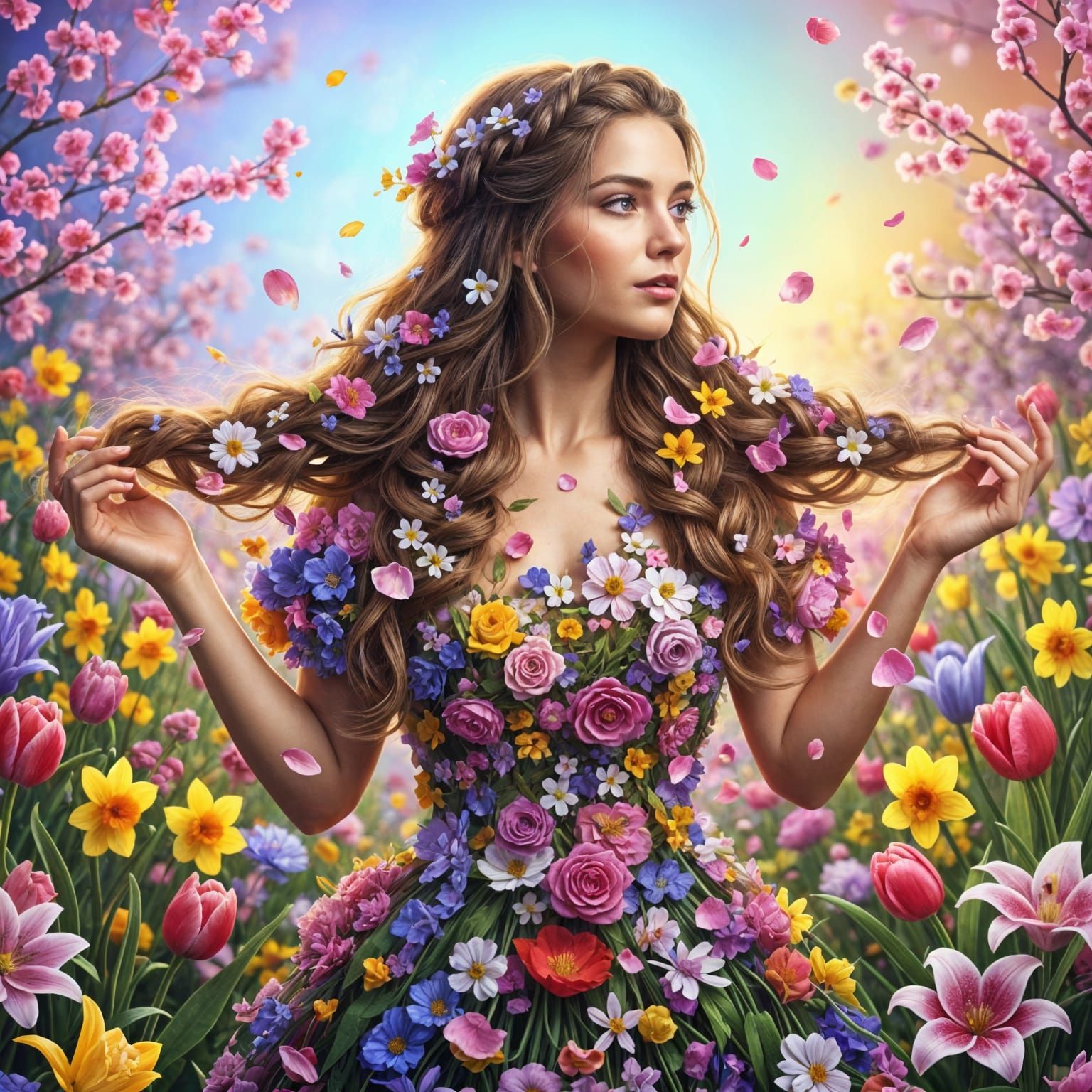 Beautiful Woman Embodies Spring in Hyperrealistic Portrait