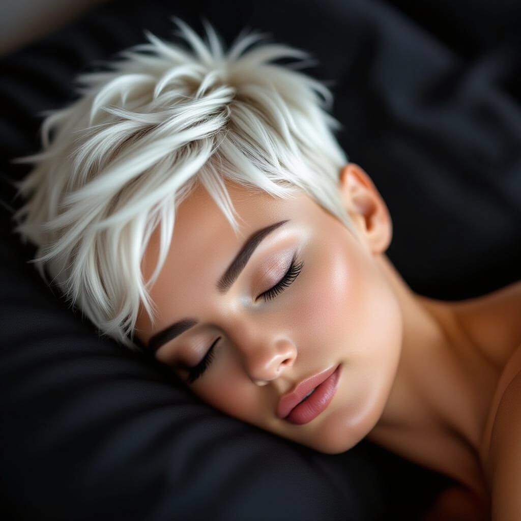 Close Up of Sleeping Woman's Head on Black Pillow