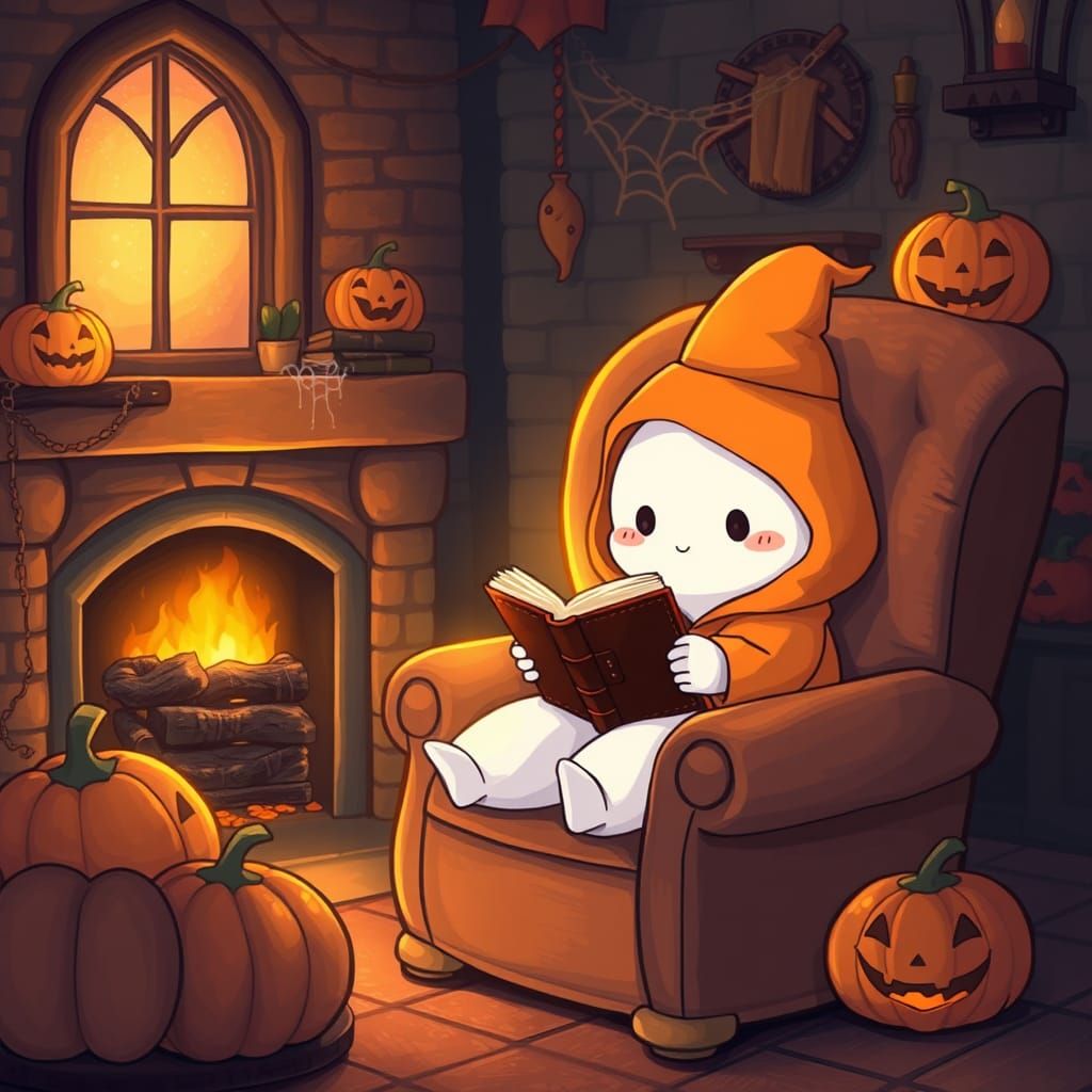Cozy Chibi Ghost Reading by Fireplace, Whimsical Illustratio...