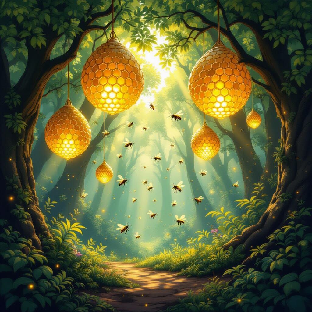Luminous Bees in Mystical Forest Digital Painting