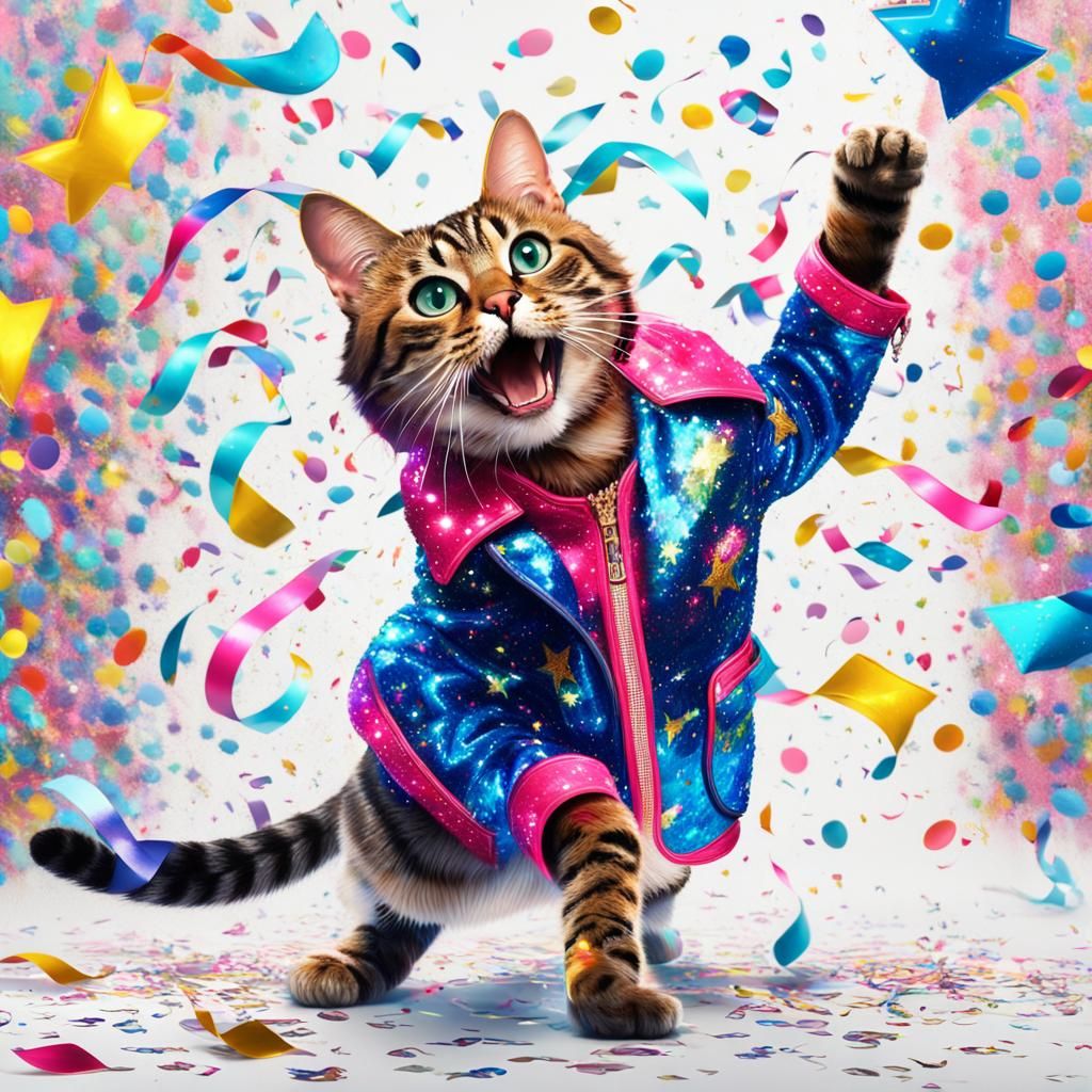 Dancing Cat in Party Outfit, Vibrant Oil Painting