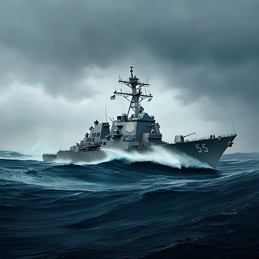 Navy Destroyer Battles Massive Wave in Turbulent Seascape