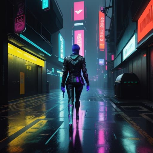 Cyberpunk 2099 Woman Walking in Rainy City Street