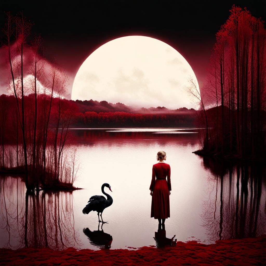 The woman looking at a lake and one only big black swan flying across the moon shining on the lake Deep dark red thic...