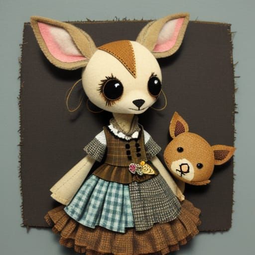 Vibrant Patchwork Fawn Puppet in Whimsical Style