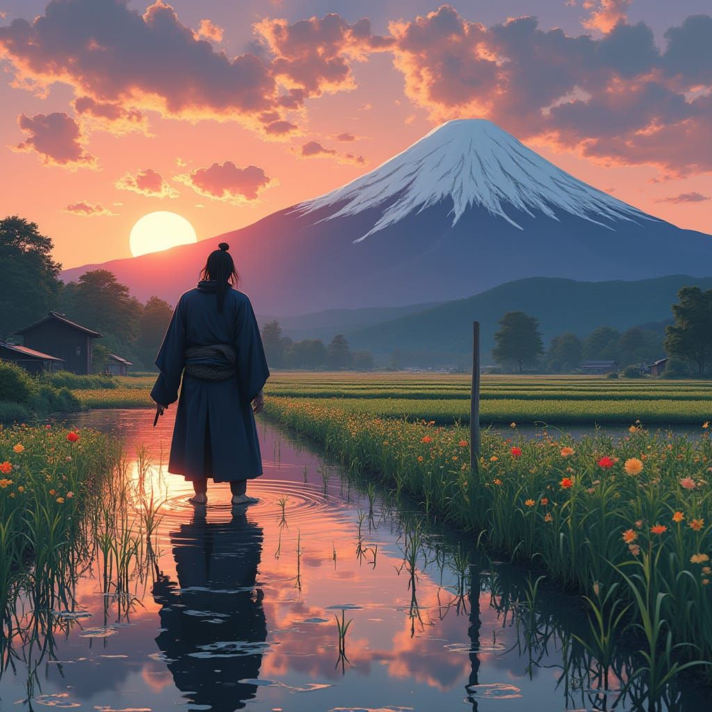 Surreal Samurai's Redemption in a Japanese Landscape
