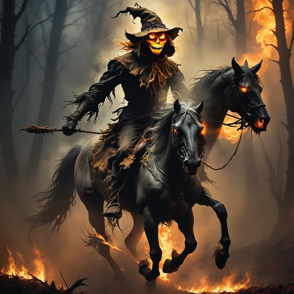 Fiery Scarecrow Rides Demonic Horse in Dark Forest