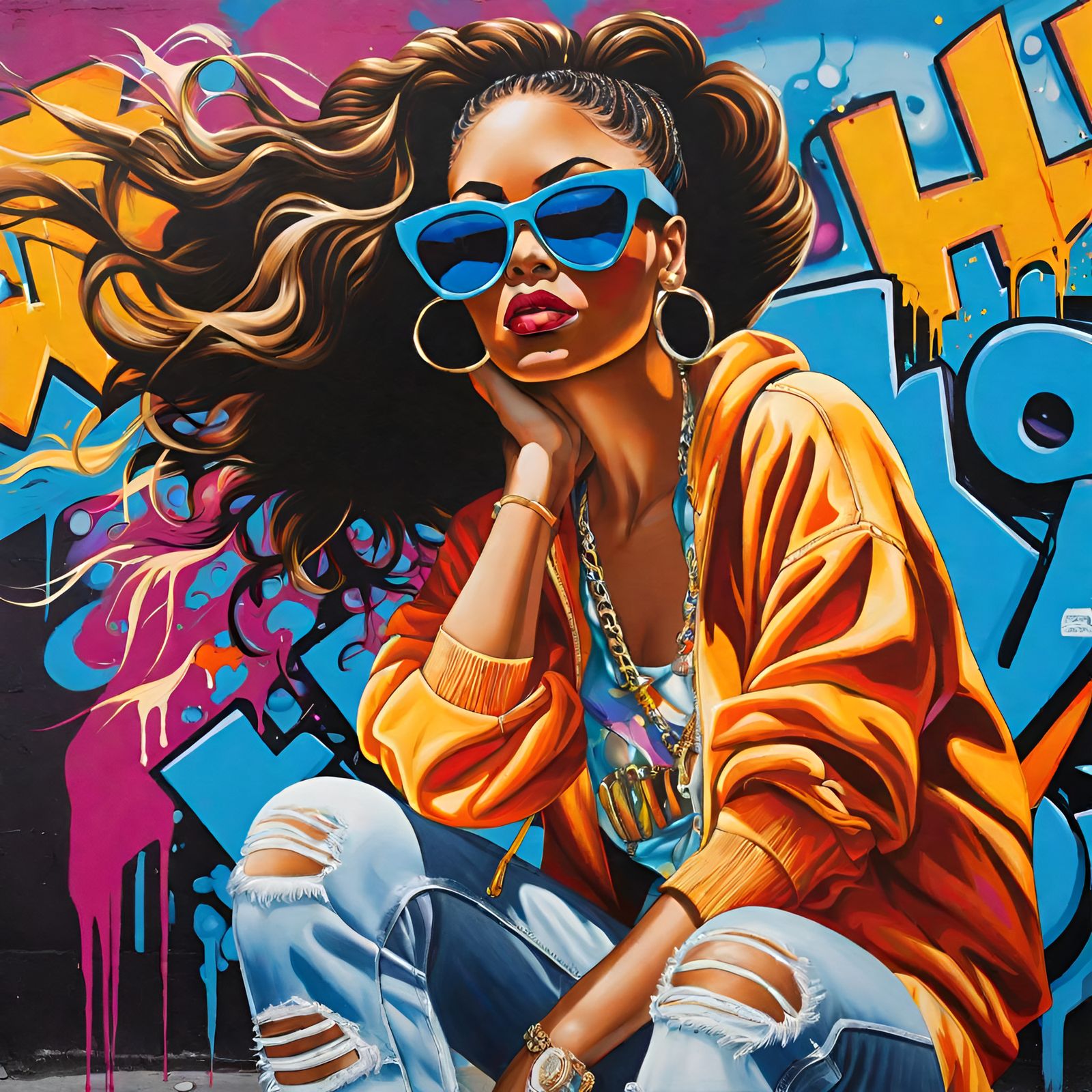 Woman's Vibrant Hip-Hop Style in Street Art