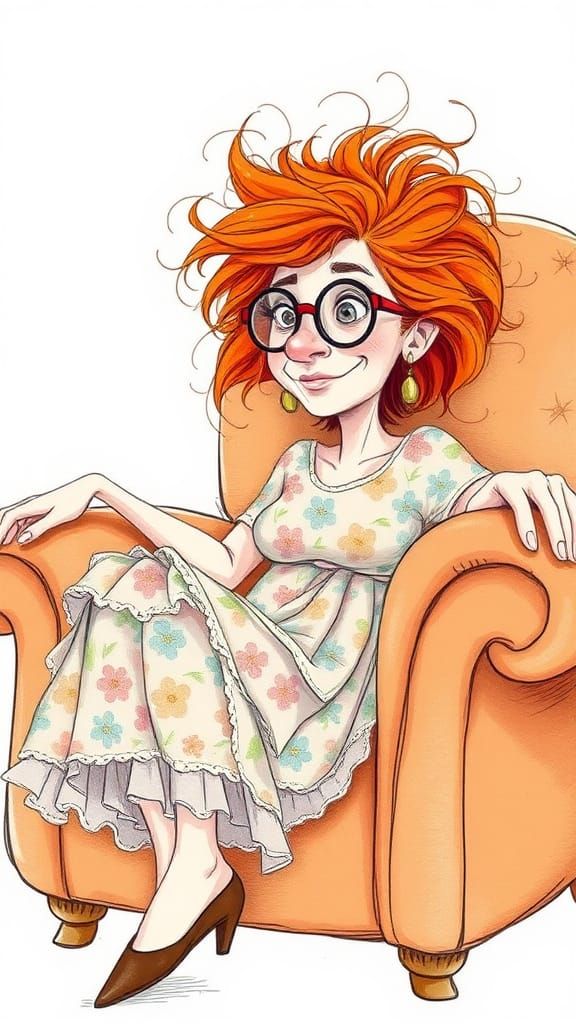 Sketch-style illustration of a quirky, eccentric woman in her forties,  in an armchair, tousled orange hair, a dress, bi...