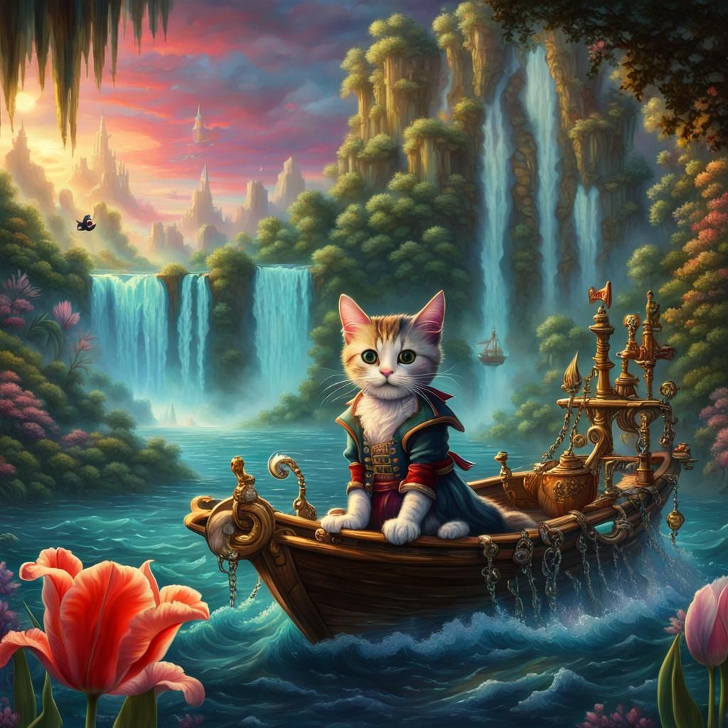 Iridescent Tulip with Pirate Cats and Waterfall