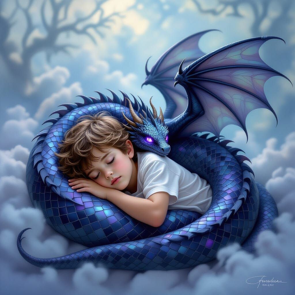 Boy Sleeps in Coils of Dragon Serpent