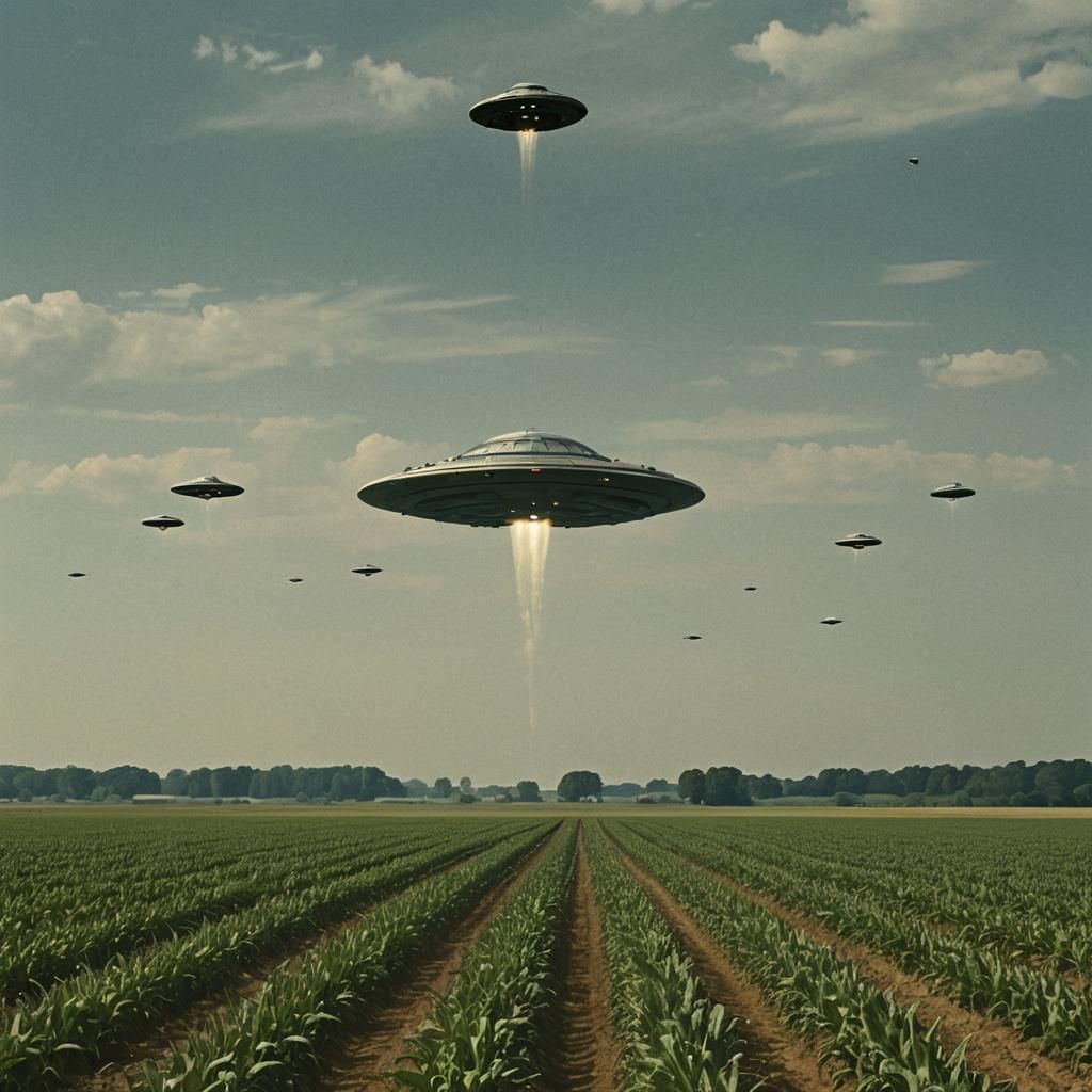 UFO Invasion Over Crop Field