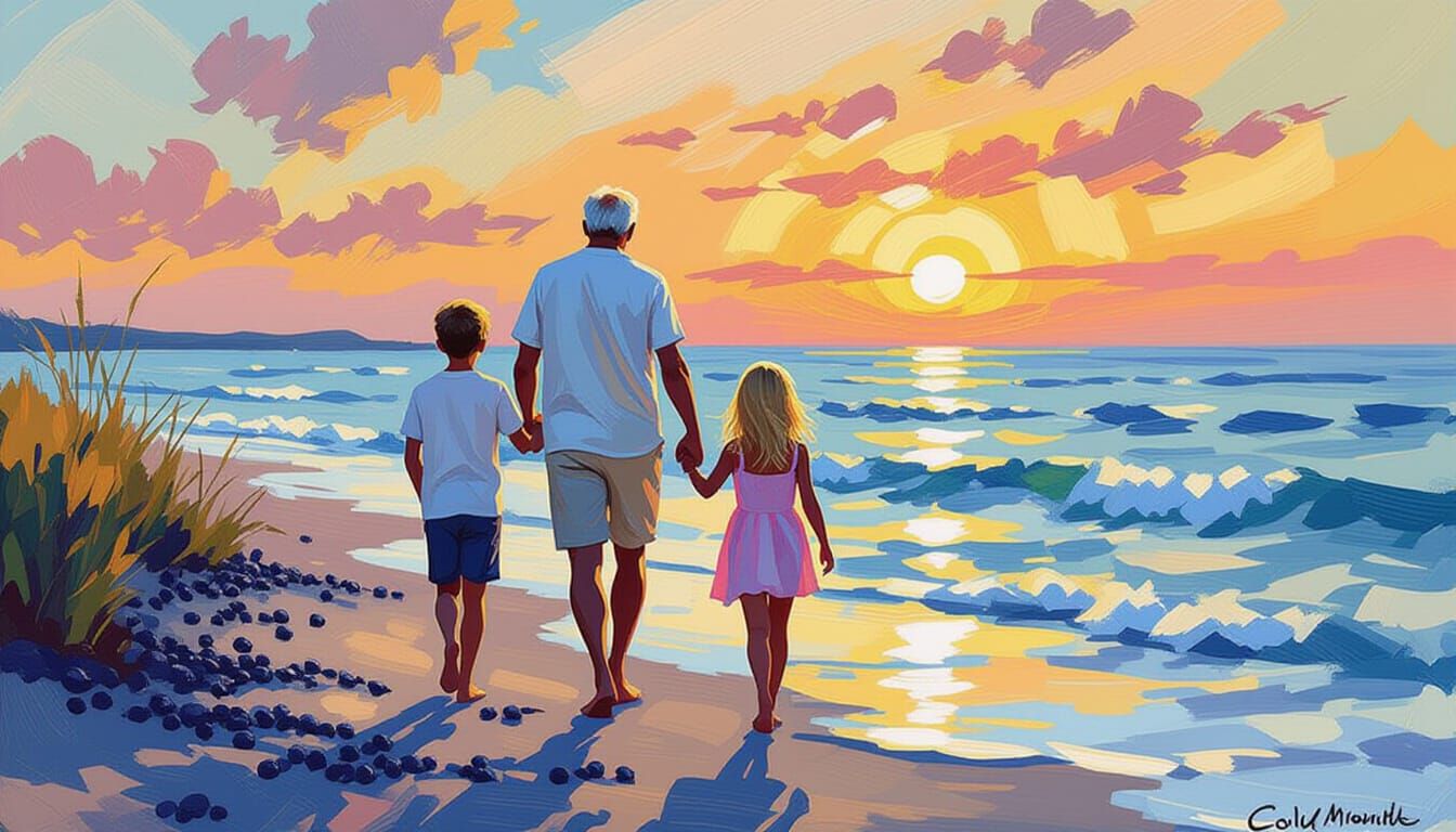 Grandfather and Grandchildren Walking on Shoreline, Impressi...