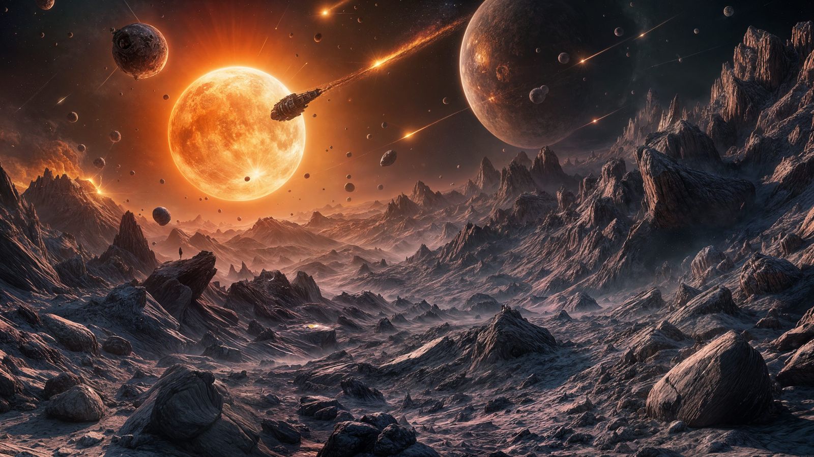 Broken Planetscape with Meteorites in Space