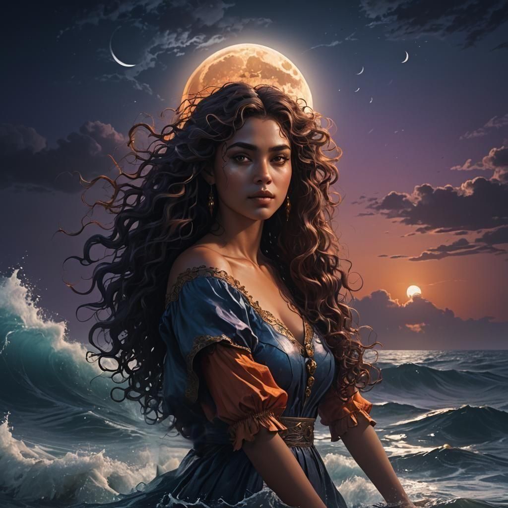Fantasy Mermaid Under Full Moon in Digital Painting