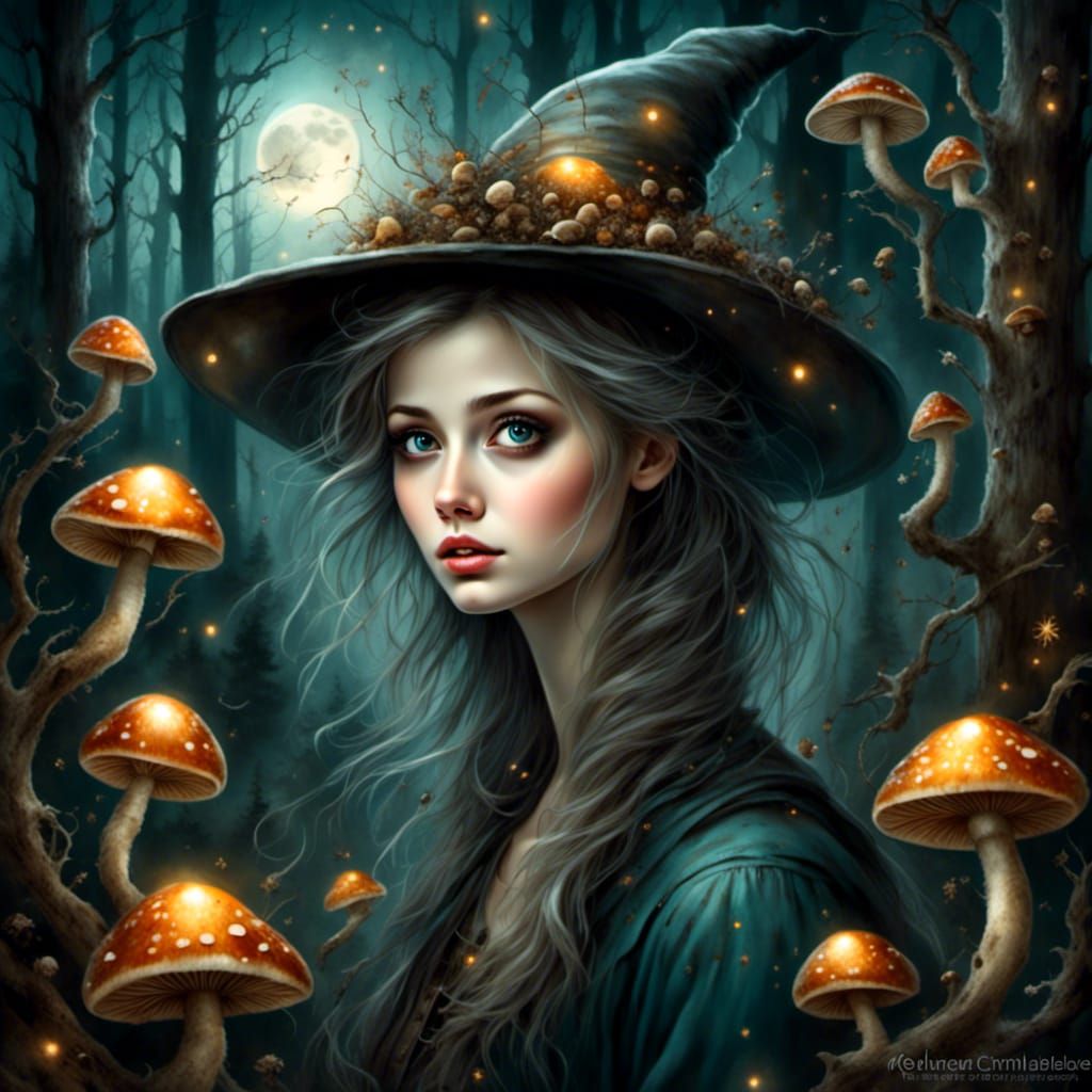 Good Witch in Moonlit Forest, Folk Art