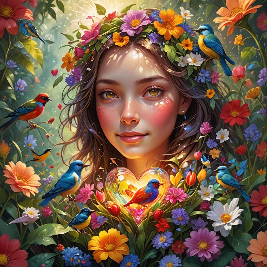 Heart-Shaped Glass in Floral Scene, Digital Art