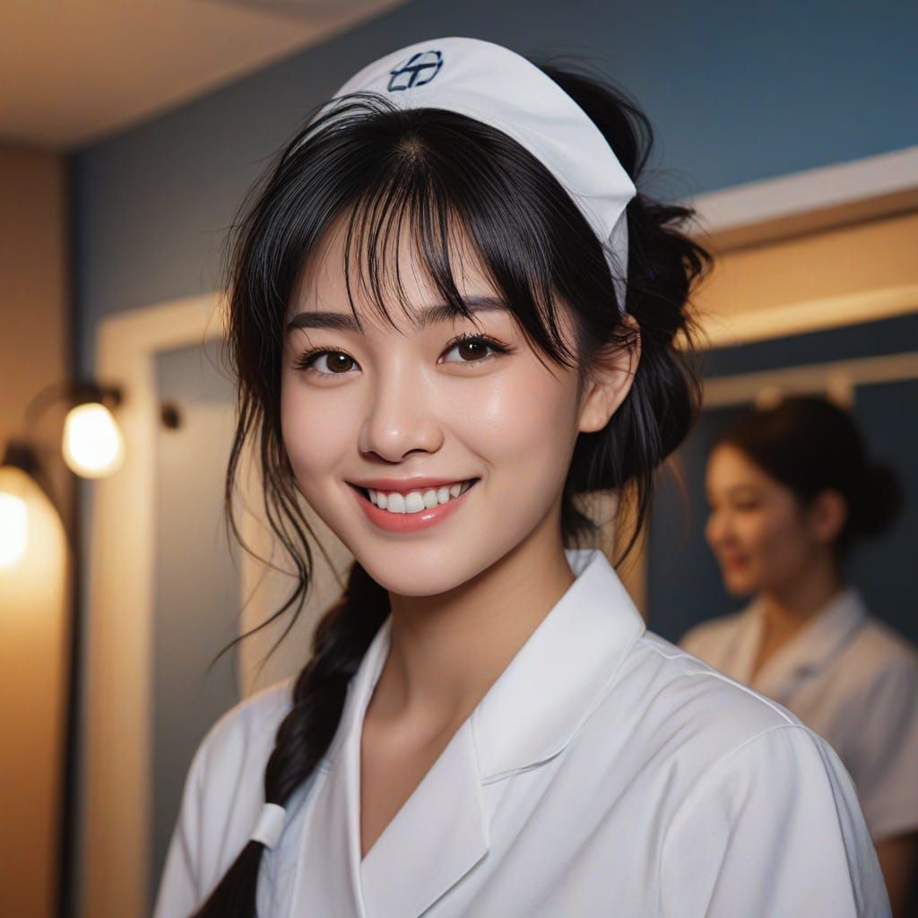 Japanese Nurse Girl in Dressing Room, Digital Painting