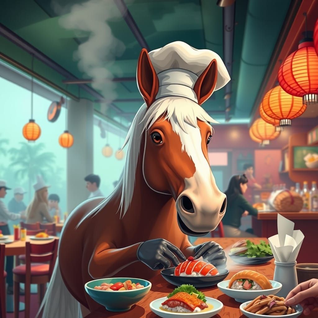 Horse Chef Prepares Sushi, Animated Style
