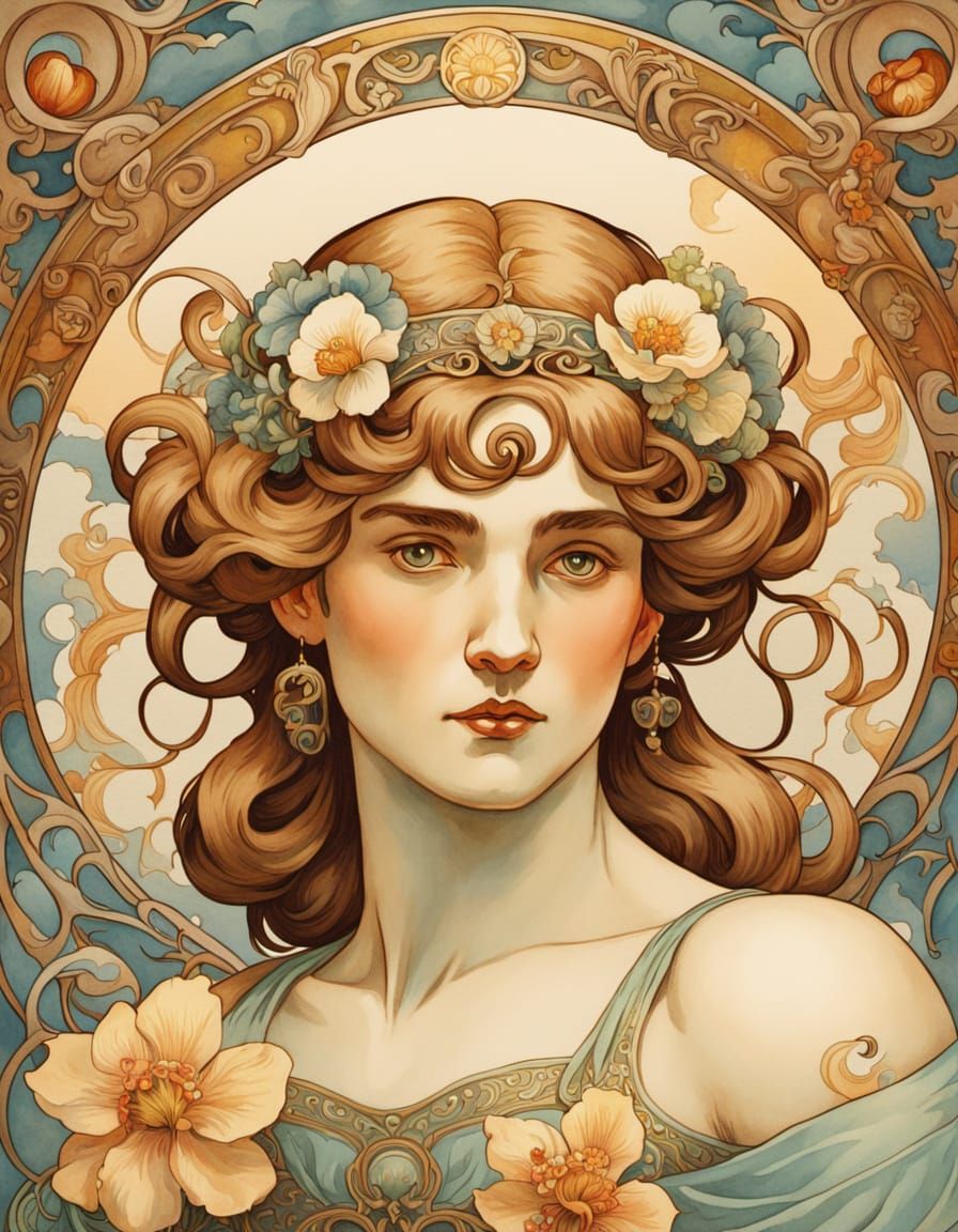 Elegant Art Nouveau Strongman Portrait with Blooming Flowers