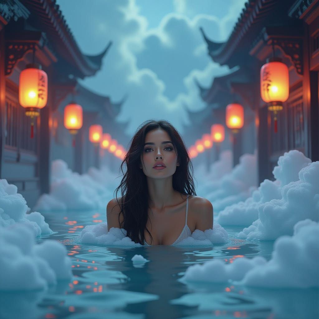 Dreamlike Woman Surrounded by Lanterns, Digital Matte Painti...