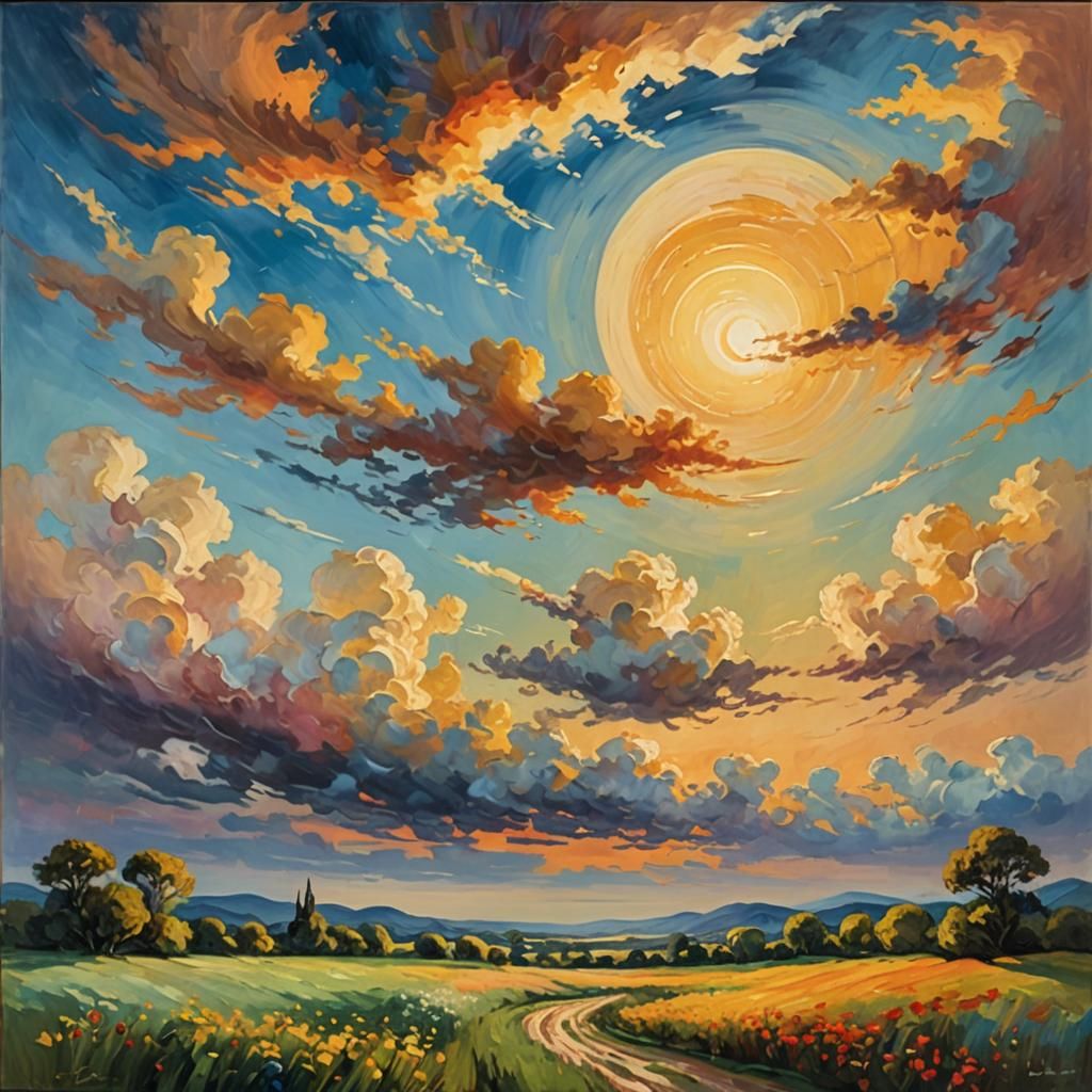 Surreal Landscape with Sun and Moon as Impressionist Art
